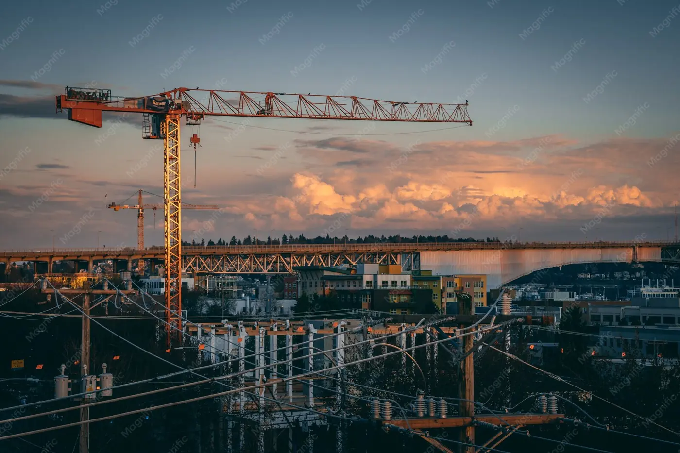 Obra en construcción con grúas al atardecer